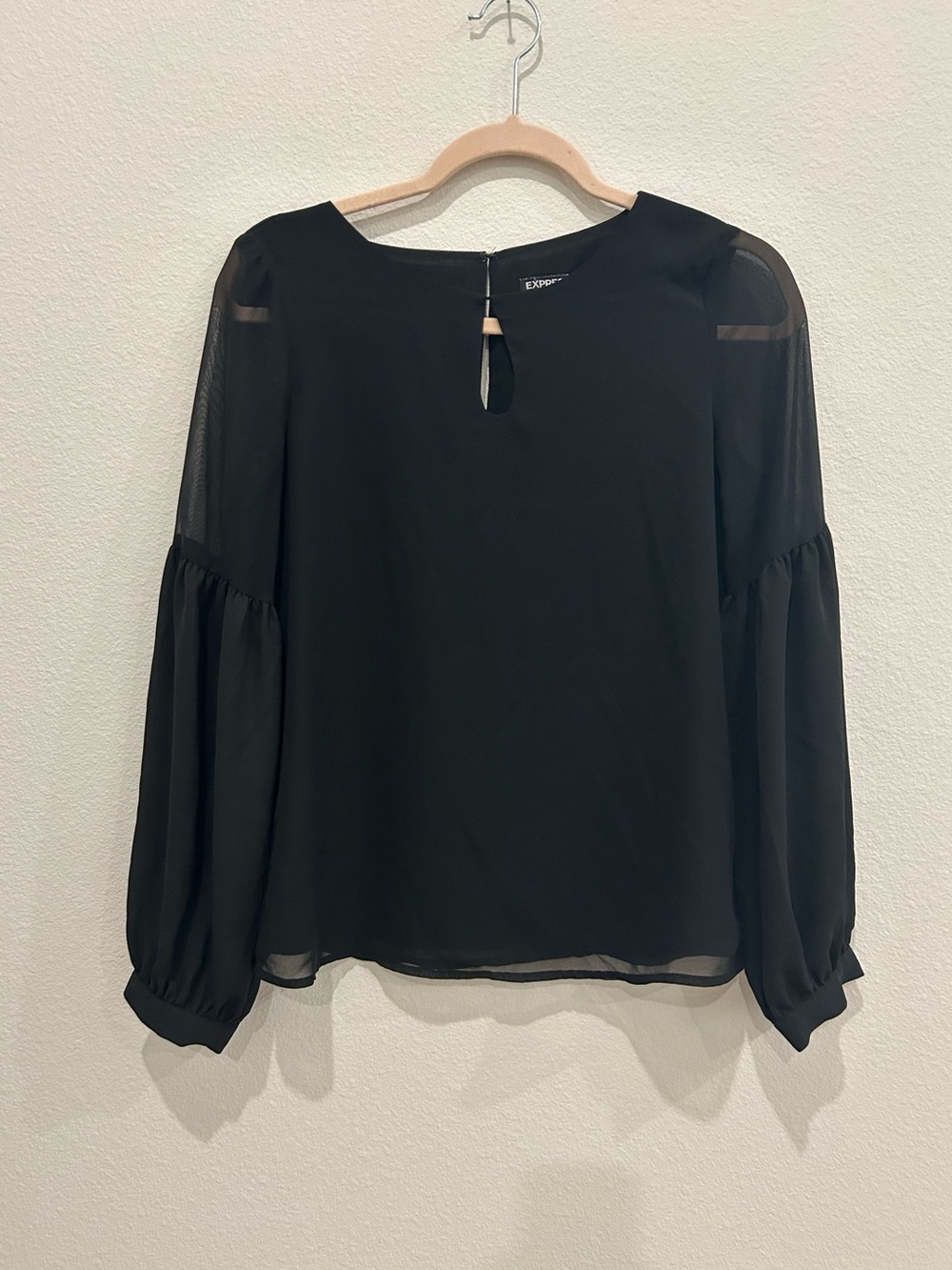 Express Black Sheer Long-Sleeve Keyhole Blouse